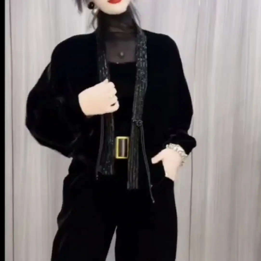 

2025 Retro Spring New Fashionable Black Velvet Shawl Jacket Loose Long Sleeved Top Temperament Cardigan For Women