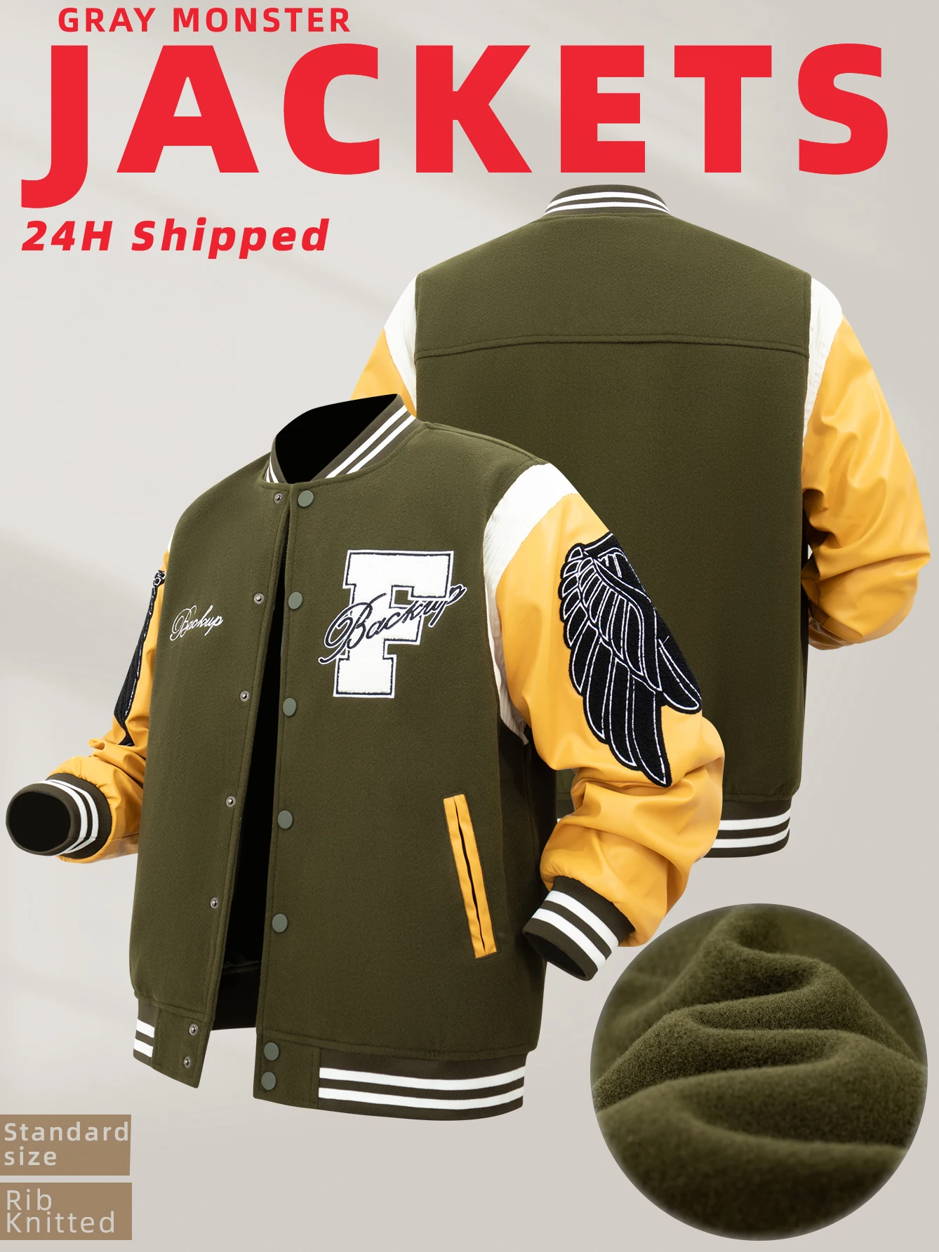 Men's Vintage Letter Jackets with Double-wing Embroidery  Long Sleeve Leather Patchwork Baseball Coats for Autumn&Winter