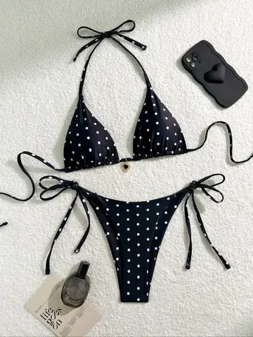 Sexy Bikini Set Black White Polka Dot 2 Piece Swimsuit for Women American Style Beach Bikini
