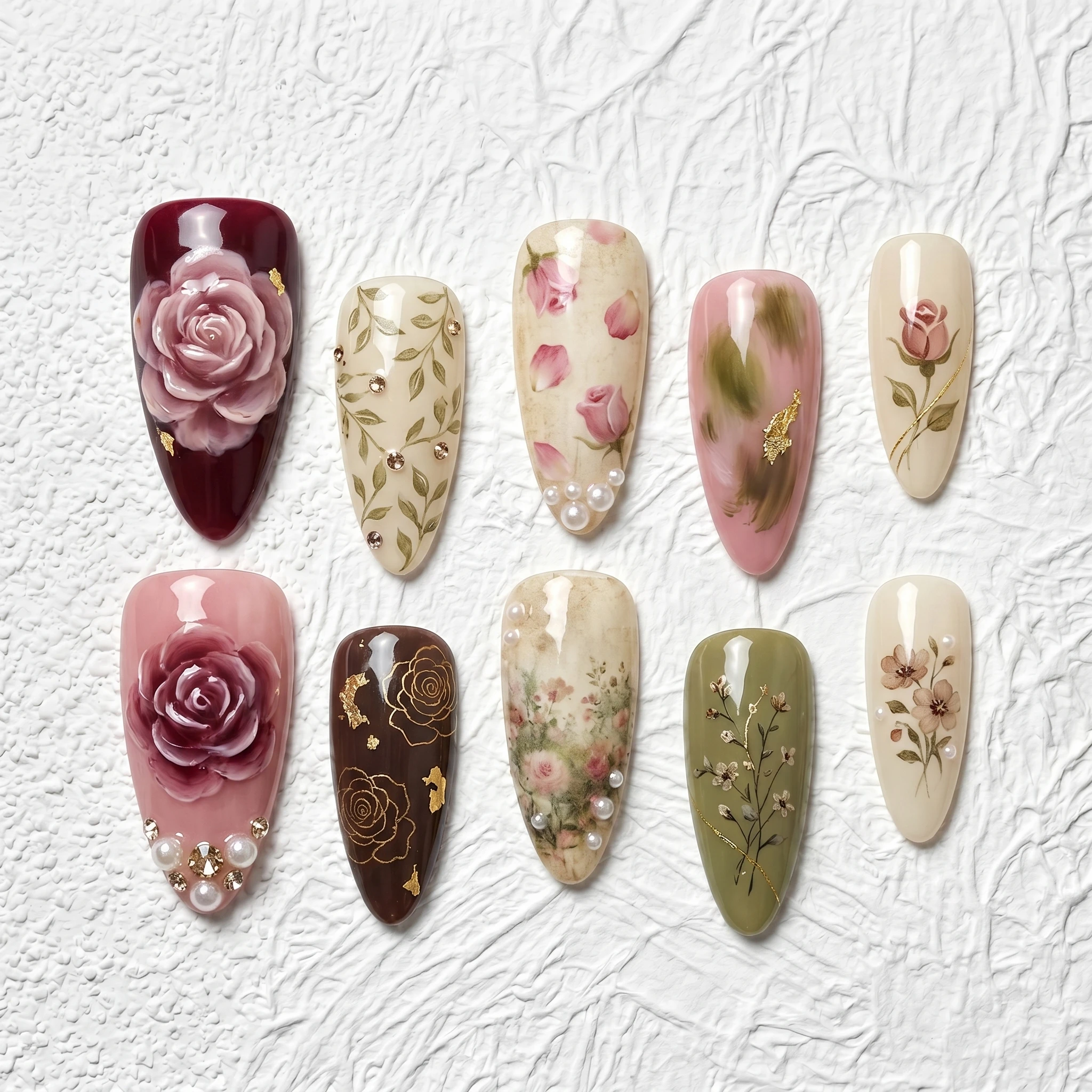 

Artisan Handcrafted 10PCS Romantic Almond Press-On Nails | 3D Roses, Pearls, Gold Leaves, Floral Artistry Party Daily Wear