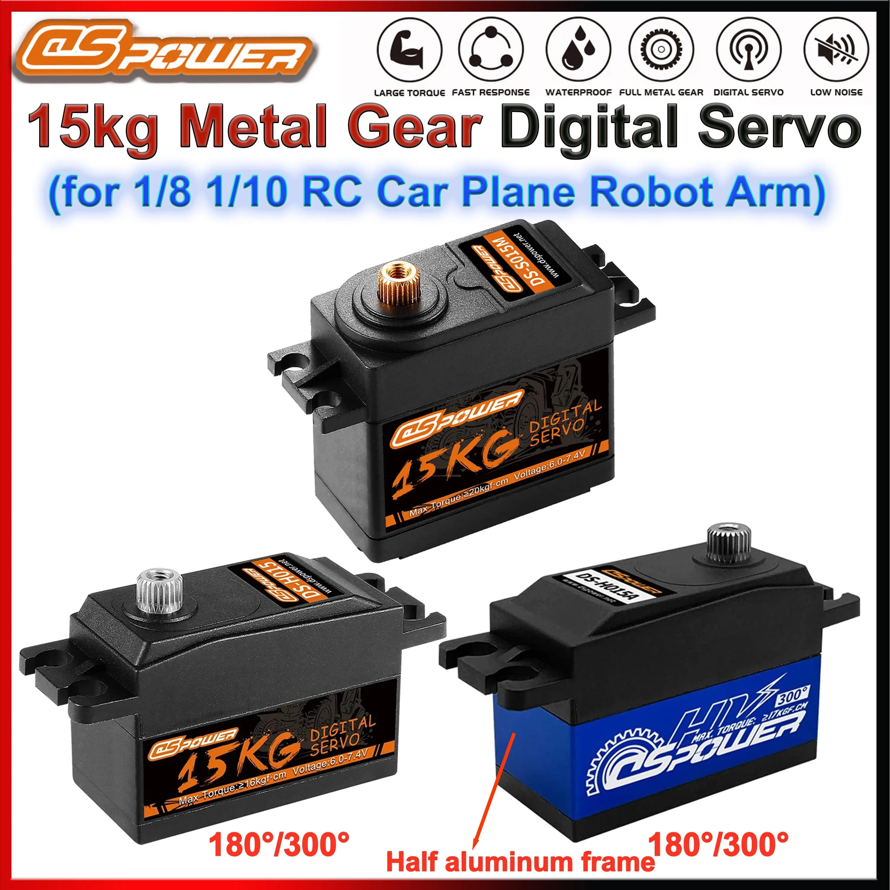 

Цифровой сервопривод DSpower 15 кг, большой крутящий момент, металлическая шестерня, низкопрофильный серводвигатель с коротким корпусом для 1/8 1/10, радиоуправляемый автомобиль, вертолет, робот, рычаг