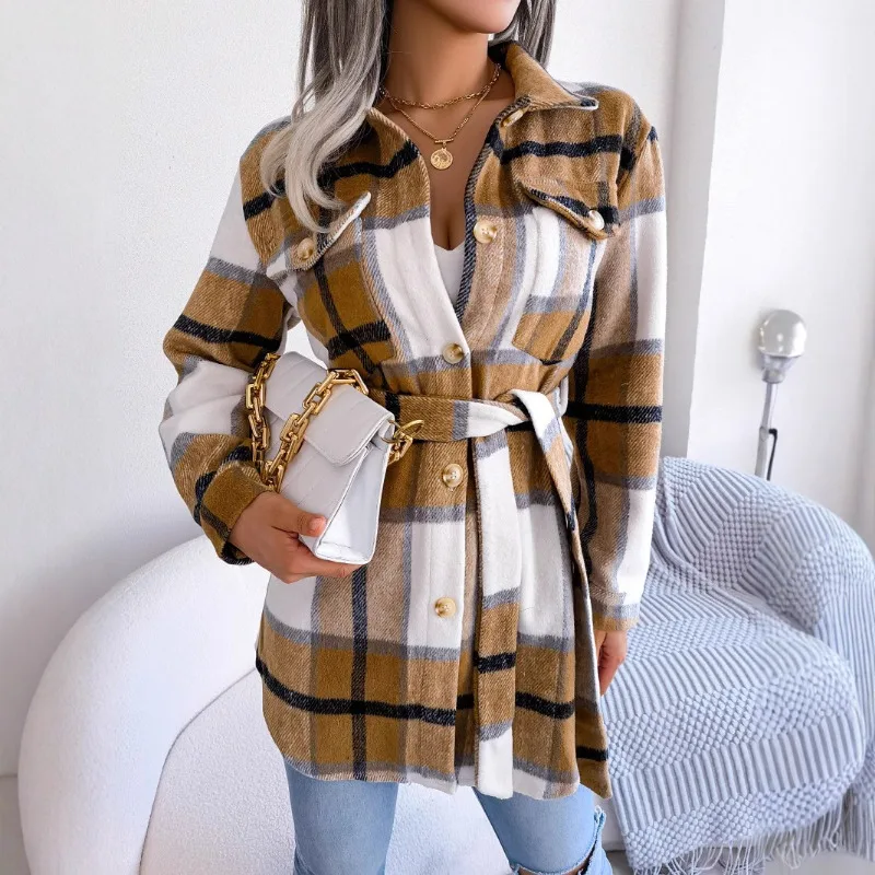 Women's Autumn Winter Tops Coats Wool Coats Contrast Colours Checks Long Sleeves Tie-Front Thickened Comfortable Casual Niche
