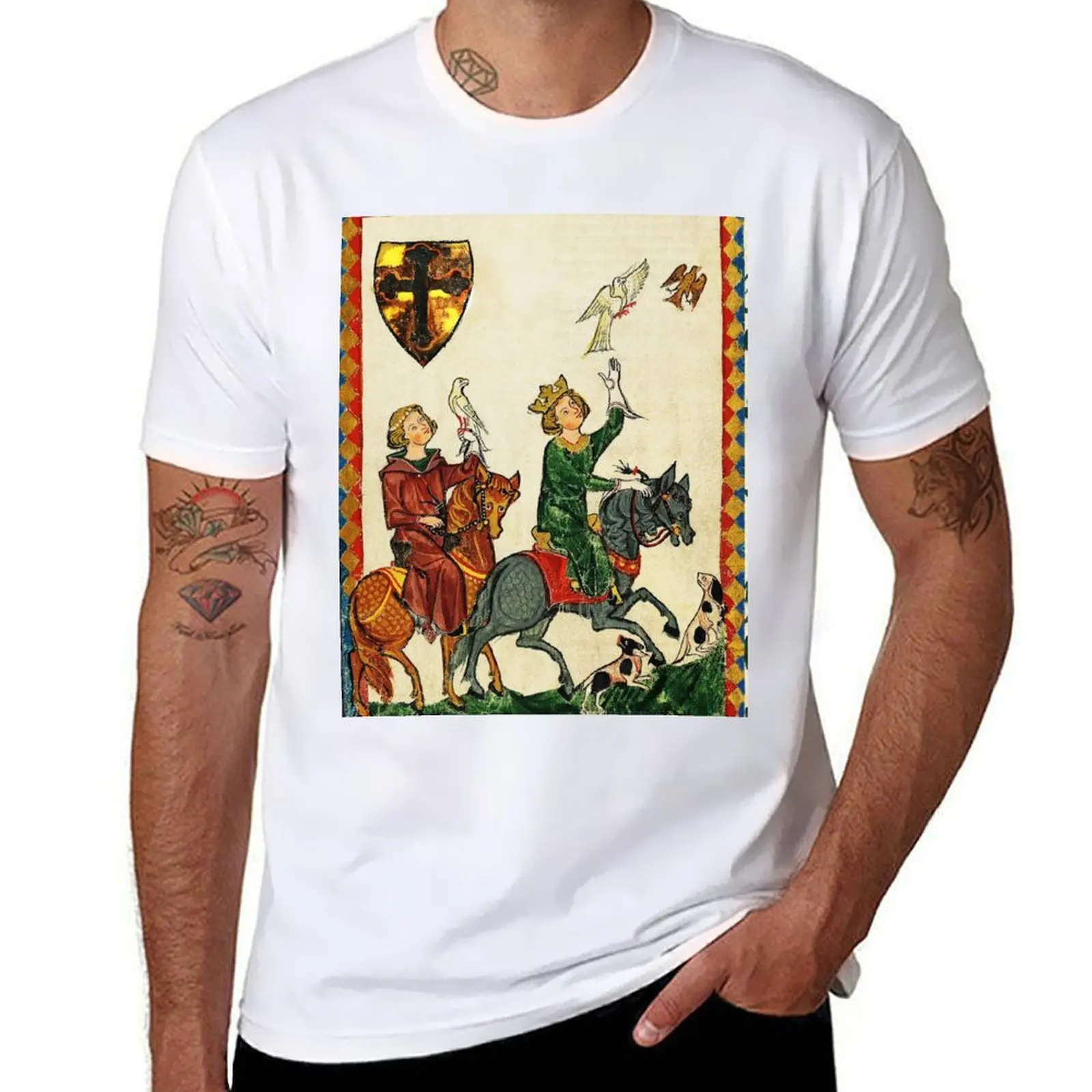 

KING KONRAD THE YOUNGER ON HORSEBACK WITH FALCONS,MEDIEVAL FALCONRY MINIATURE WITH WILD ROSES T-Shirt funny t shirts man T-Shirt
