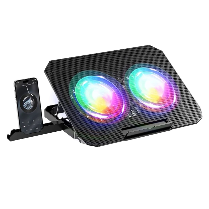  Adjustable Height Laptop Cooling Pad Double Quiet Fan Integrated Phone Dock Metal Mesh Computer Cooling Solution