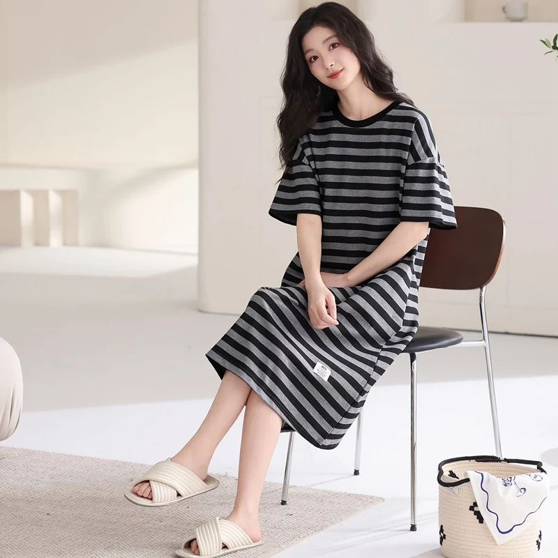 2026 Summer Short Sleeve Cotton Casual Striped Nightgowns for Women Korean Loose Sleepwear Night Dress Nightdress Home Nighty