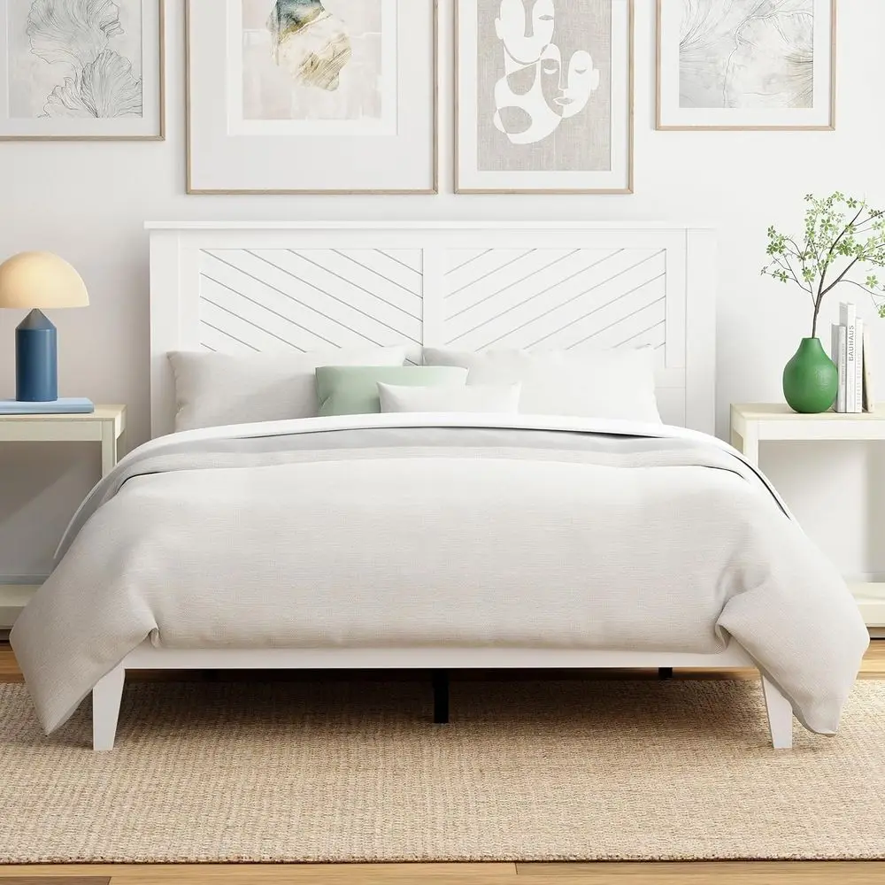 Queen Size Solid Wood Platform Bed with Wooden Slats, No Box Spring Needed, Spacious Underbed Storage, White Finish