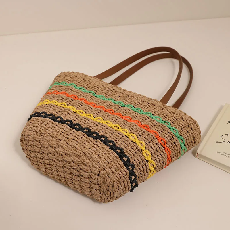 Sac fourre-tout tissé en paille bohème pour femme, sac à bandoulière de plage, sac d'épissure en cuir PU, sac à main de créateur de luxe décontracté pour femme, grande capacité