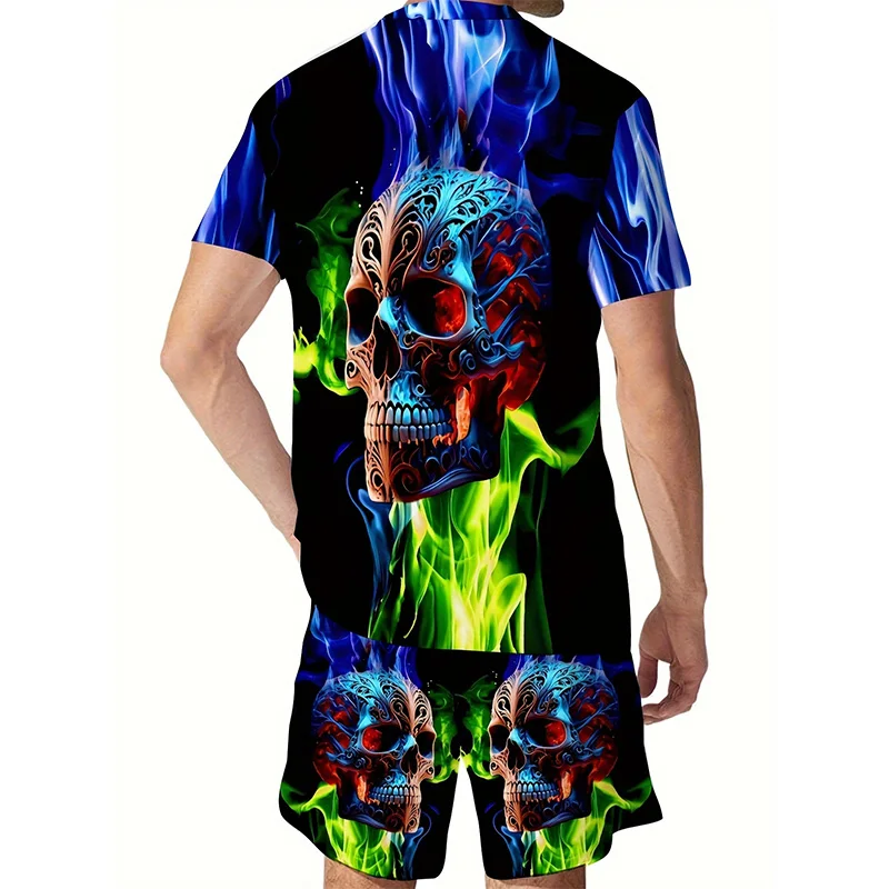 2024 New Street Vintage Men's Suit Oversized Men's Loose Top Summer Casual Breathable Refreshing Suit Printed 3D Skeleton