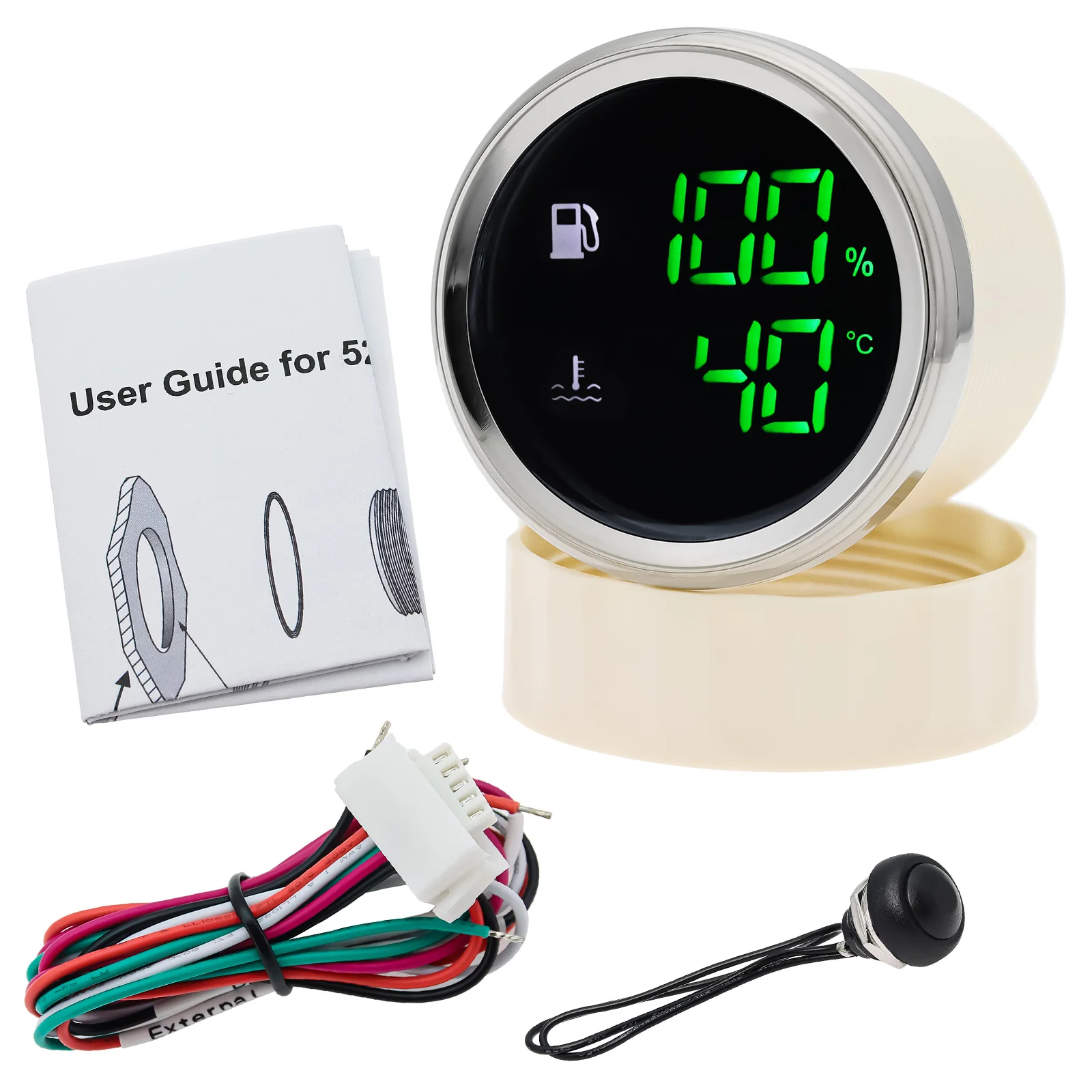 52mm Fuel Level Gauge + Water Temprature Meter Universal Two In One Dual Gauge with Alarm Light Fahrenheit Celsius Adjustment