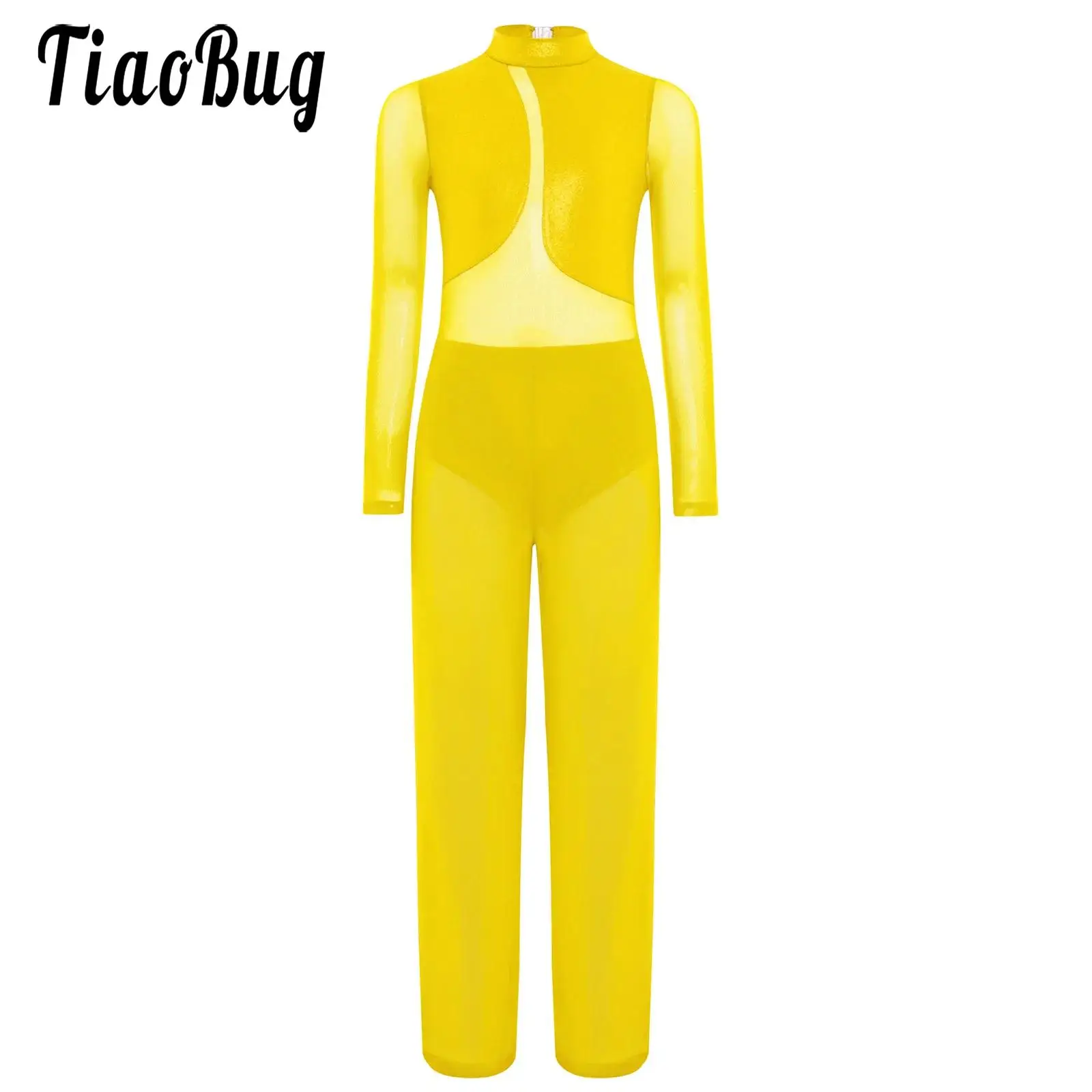 Kids Girls Latin Jazz Dance Jumpsuit Rompers Sheer Mesh Wide-Leg Long Pants Bodysuit Ballroom Figure Skating Performance Costume