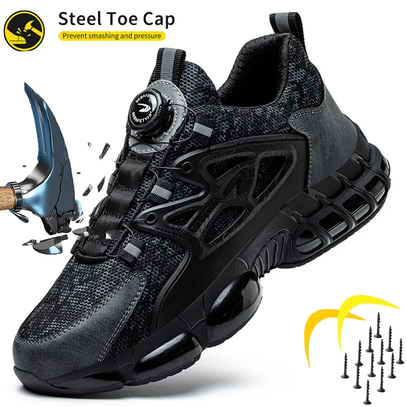 Men's Rotary Buckle Steel Toe Safety Shoes, Anti-smash & Anti-puncture Work Sneakers, All-Season Outdoor Hiking Shoes