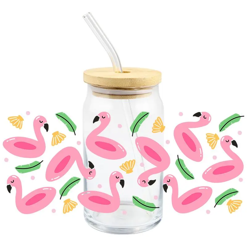 Cartoon Flamingo UV DTF Wrap Transfer Stickers Cute Prink Design DTF Wrap For Glasses Cups Mugs Wateproof Decal