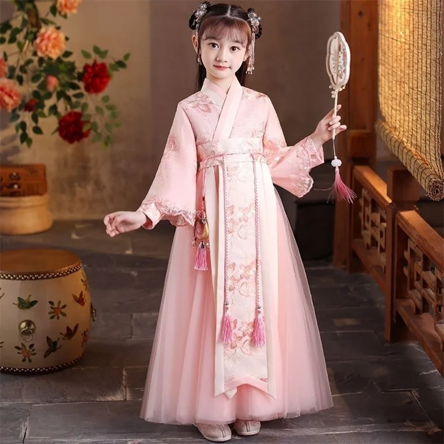 Falda tradicional china de gasa para niña, vestido Hanfu con estampado Floral, vestido Tang para niñas pequeñas, primavera de manga larga