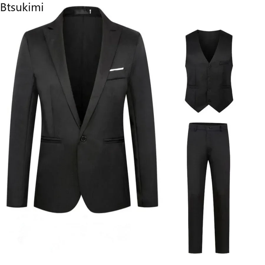 2025 Men's Blazers Suit Sets Wedding Office 3PCS Blazer+Vest+Pants Suits Slim Fit Single Buckle Business Club Party Sets for Men