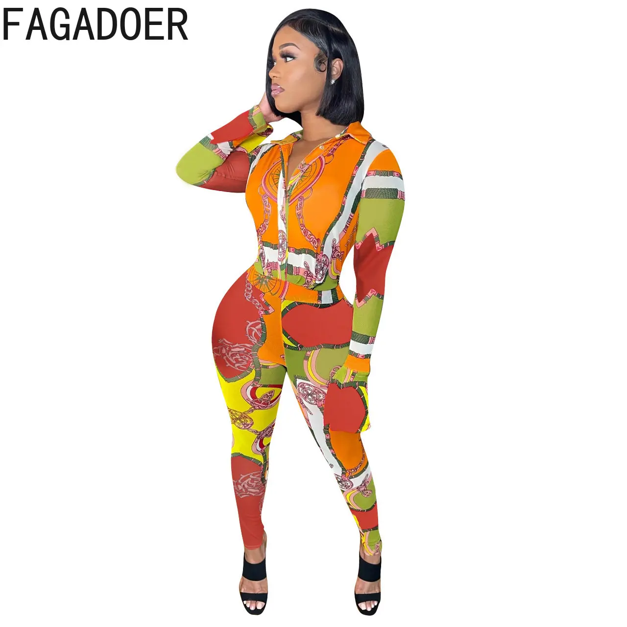 FAGADOER African Retro Print Jumpsuits Women Turndown Collar Button Long Sleeve Playsuits Sexy Slim Vintage Pattern Overall 2023