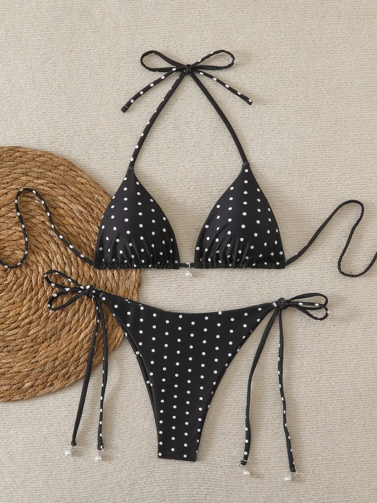 

Bikini Women Swimsuit 2026 New Solid Dot Halter Bikinis Set Sexy Lace Up Swimwear Summer Two Piece Beachwear Bathing Suit Female