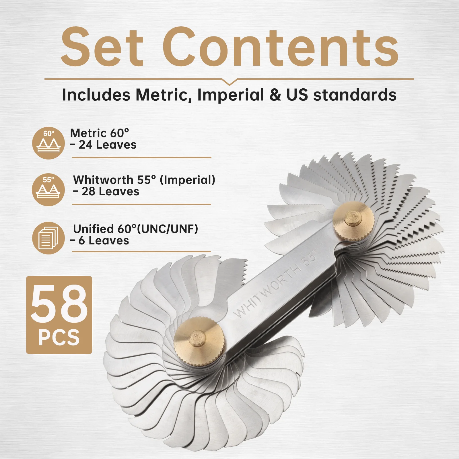 58 Pcs Blade Thread Pitch Gauge Set for 55 60 Degree Metric Whitworth US Threads Measuring Gage Screw Pitch Gauge with Brass Nut