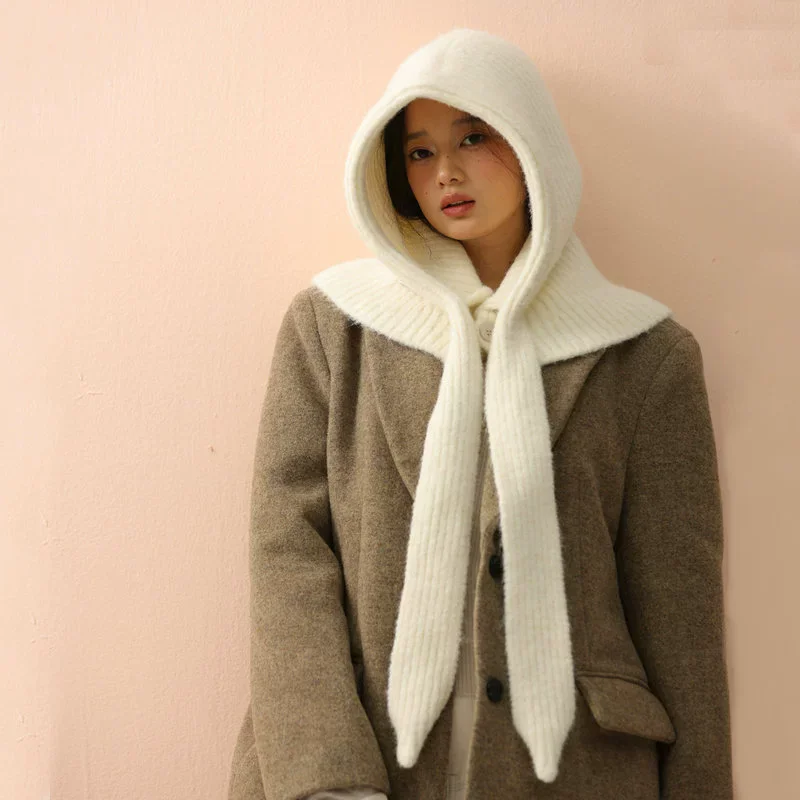 2026 Korean Knitted Balaclava Hat Women's Winter Warm Scarf Integrated Hooded Scarf Knitted Wool Beanie Cap