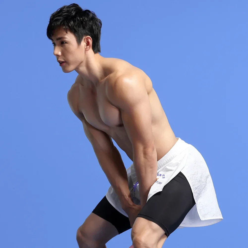 

Мужские спортивные шорты, быстросохнущие брюки, 2 слоя, поддельные, из 2 предметов, баскетбольные тренировочные шорты для бега, фитнеса, молодежные спортивные залы, пляжная одежда для бега