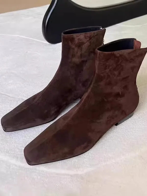 

Ретро-ботинки из коричневой замши на молнии с квадратным носком и толстым каблуком, женские модные ботинки, осенне-зимняя новинка в корейском стиле