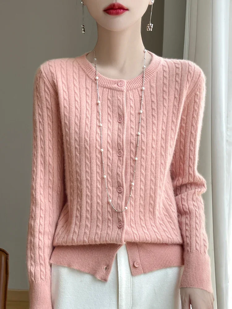 Cardigan Jacquard de couleur unie, col rond, pull en laine mérinos, doux et chaud, tricot Sexy, hauts féminins, nouvelle collection automne hiver 100%