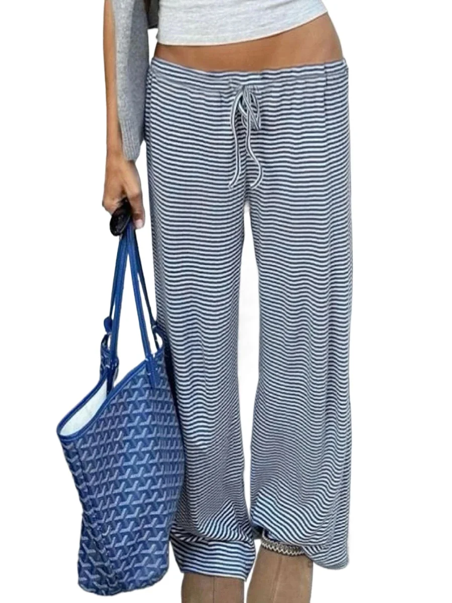 Chic Striped Y2K Wide Leg Pants Casual Drawstring Elastic Waist Baggy Trousers Vintage Streetwear Loose Sweatpants Female