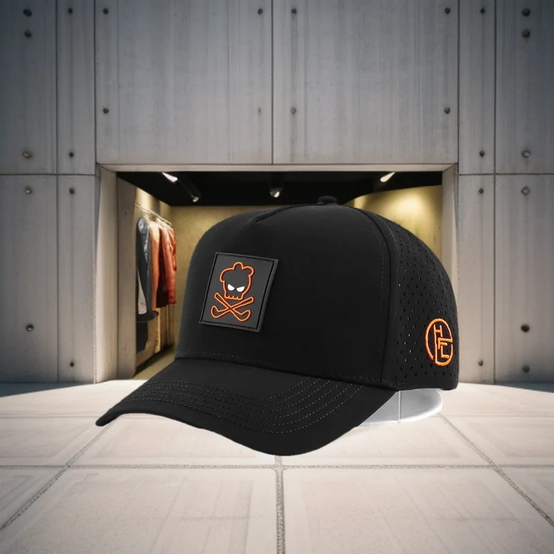 

Fashion Custom Sports 6 Panel Rubber PVC Logo Baseball Cap, Waterproof Laser Cut Drilled Hole Perforated Curved Brim golf Hat