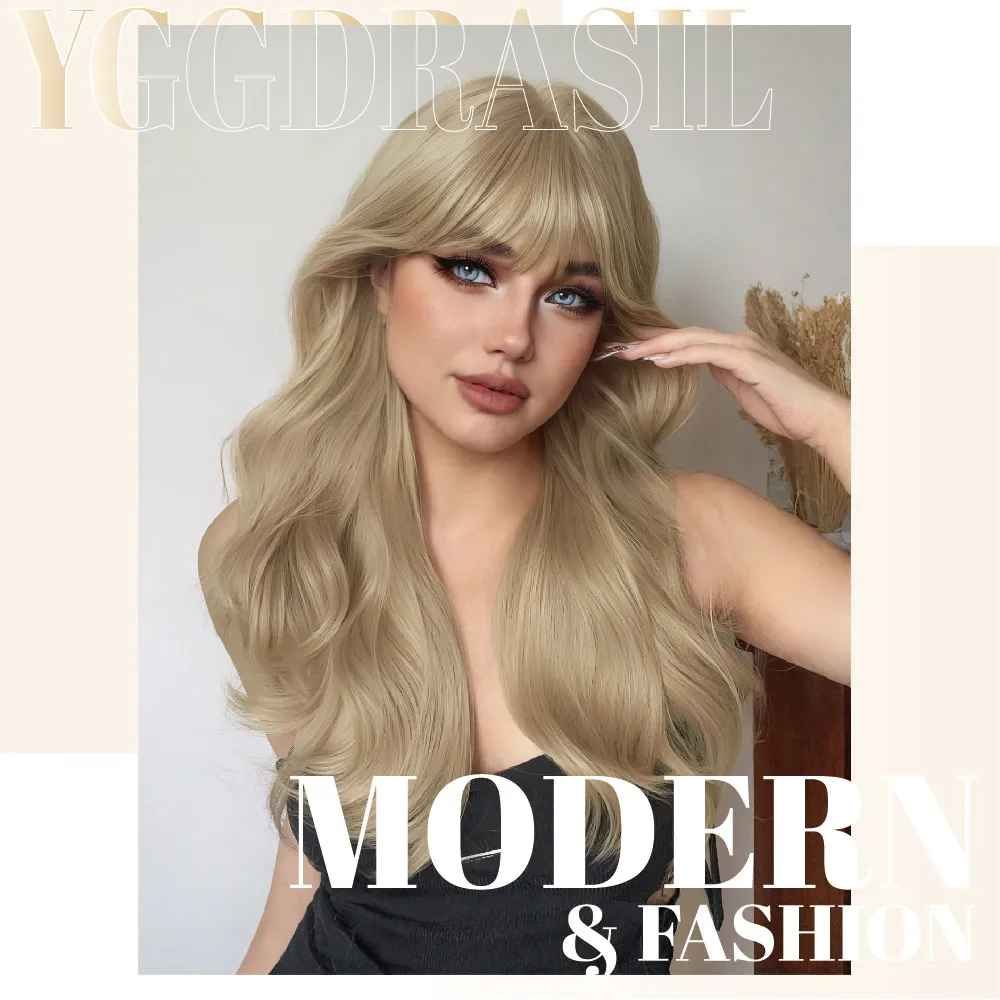 24Inch Golden Blonde Modern Style Synthetic Wigs with Bangs Medium Wavy Hair Wig For Women Daily Use Cosplay Heat Resistant