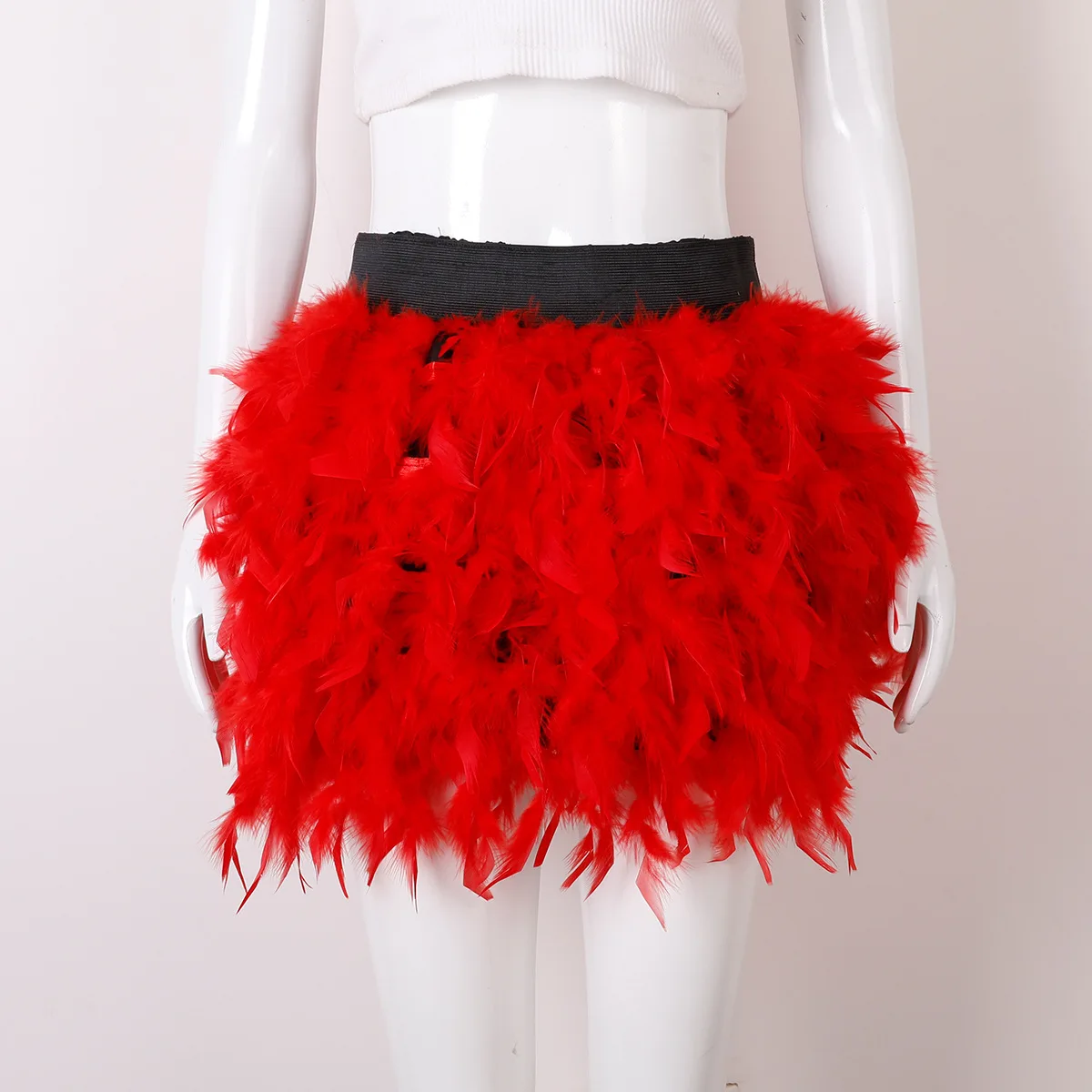 Einfarbiger Flauschiger Feder-Minirock mit Elastischem Hohem Bund für Halloween, Karneval, Kostümpartys und Bühnenauftritte – Detail 7