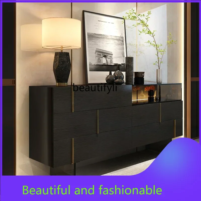 

xzzItalian Chest of Drawers Modern Living Room Black with Light Entrance Cabinet Storage Glass Cabinet