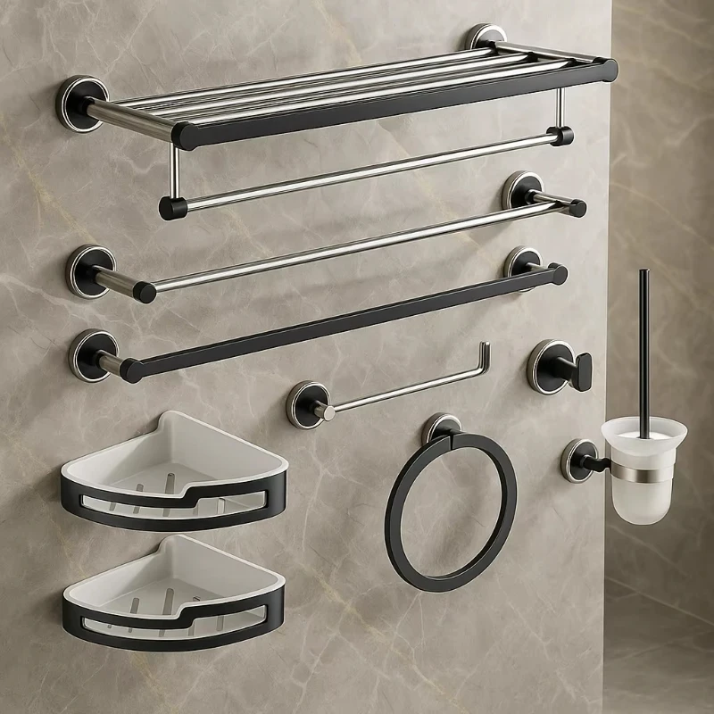 

Modern Black Bathroom Hygiene Hardware Wall Mounted Brushed Accessories Set Corner Shower Caddy Bathroom Storage