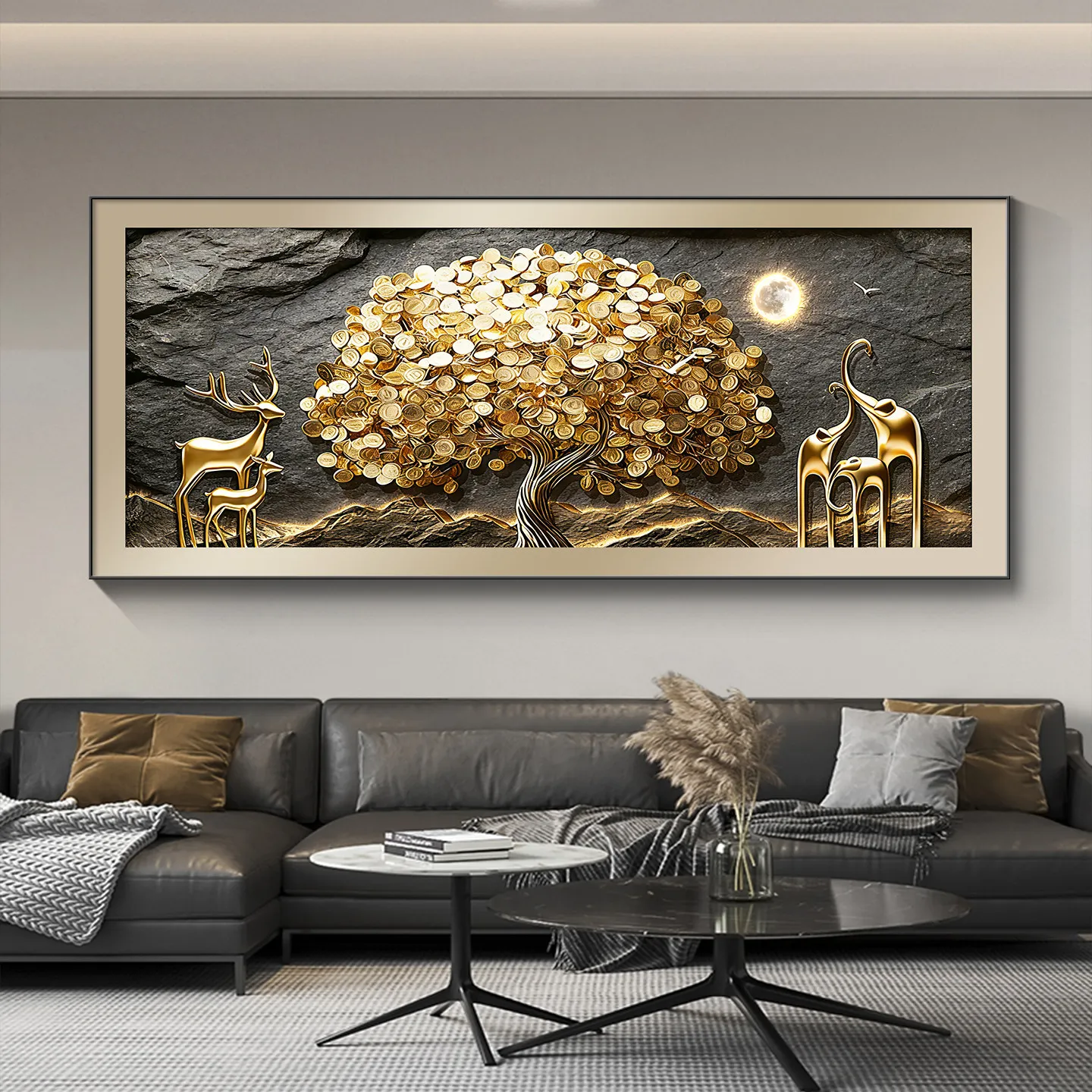 Luxury Living Room Decor Art - Golden Money Tree Horizontal Lighted Painting, Grand Sofa Accent Wall Hanging Art