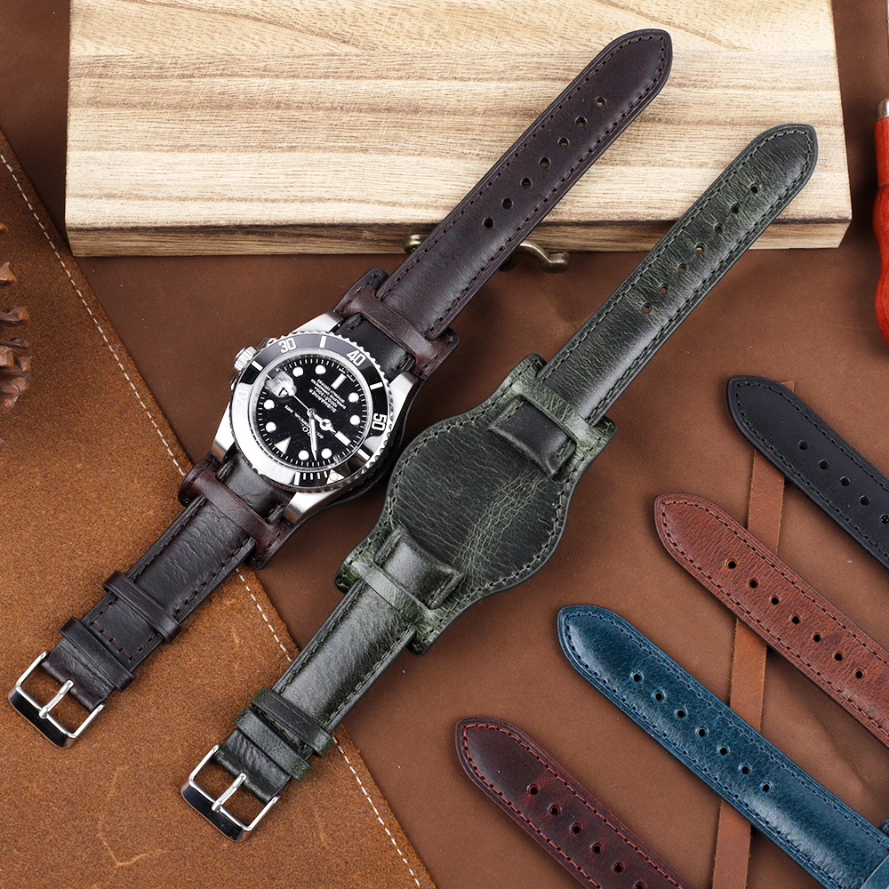 Handmade Genuine Leather Watch Strap 18mm 19mm 20mm 21mm 22mm Watchband Bracelet with Mat Oil Wax Leather Watch Accessories