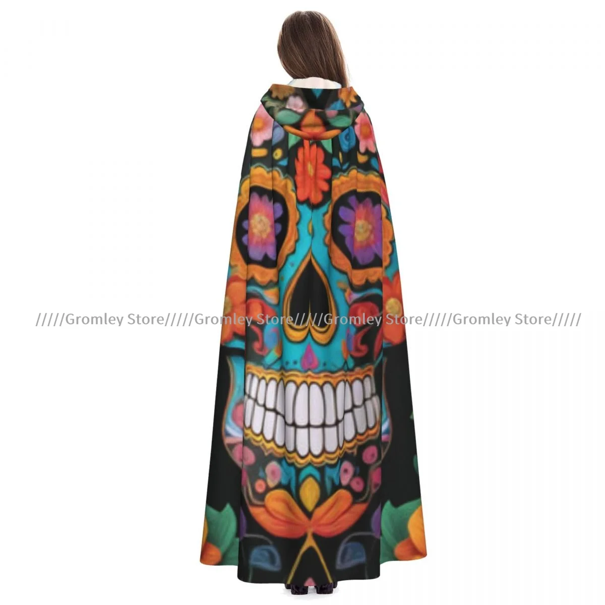 Mexican Sugar Skull With Colorful Flowers Witch Cloak Hooded Cosplay Costume Halloween Adult Long Party Cape