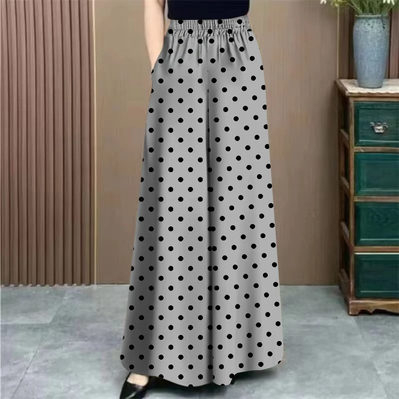 Spring Autumn Ice Silk Loose Fashion Polka Dot Casual Pants Drapey Style Ageless Mom Pants High Waist Straight Leg Trousers
