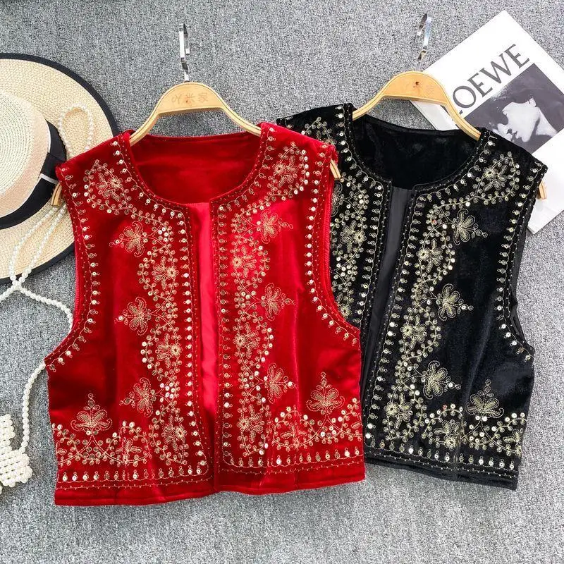 1Pc Women Spring Autumn Retro Chinese Ethnic Style Elegant Temperament Vest Exquisite Sequin Decorative Embroidered Velvet Vest