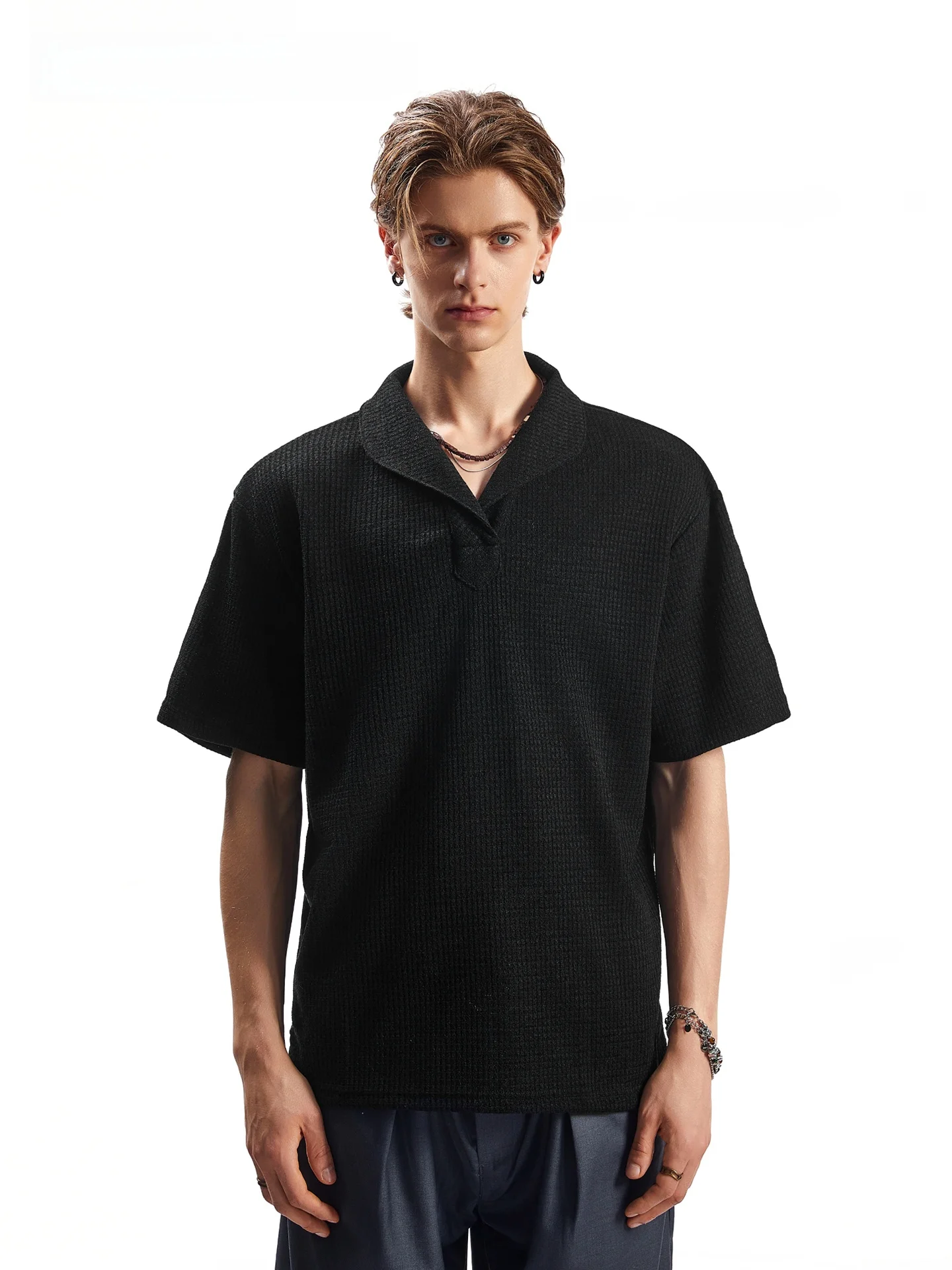 SDMADE Knitted  Shirt Short Sleeve Texture Feeling Retro Currency Style Unisex Clean Fit American Style Polyester Fiber
