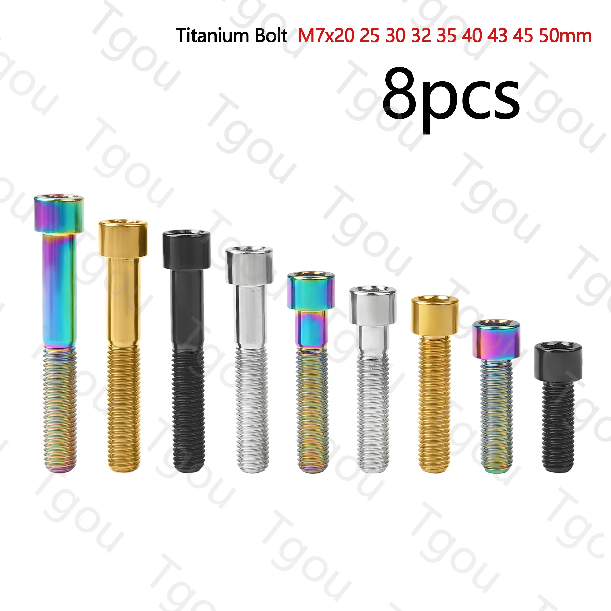 Tgou Titanium Bolt M7x20 25 30 32 35 40 43 45 50mm Hex Head with Washers Screws for Bicycle Stem Fixed Handlebar 8pcs