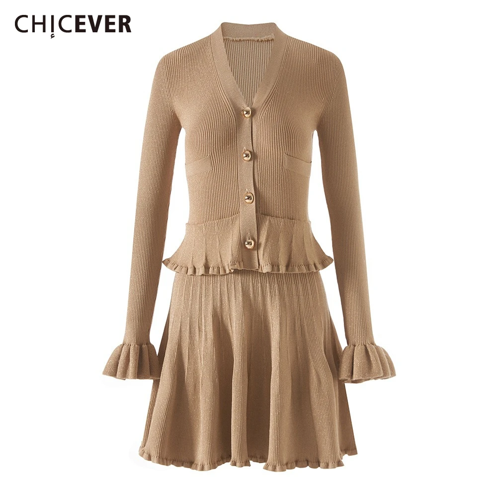 

CHICEVER Khakl Spliced Ruffles Two Piece Set Female V Neck Long Sleeve Sweater High Waist Casual Women's Skirt Sets Autumn New