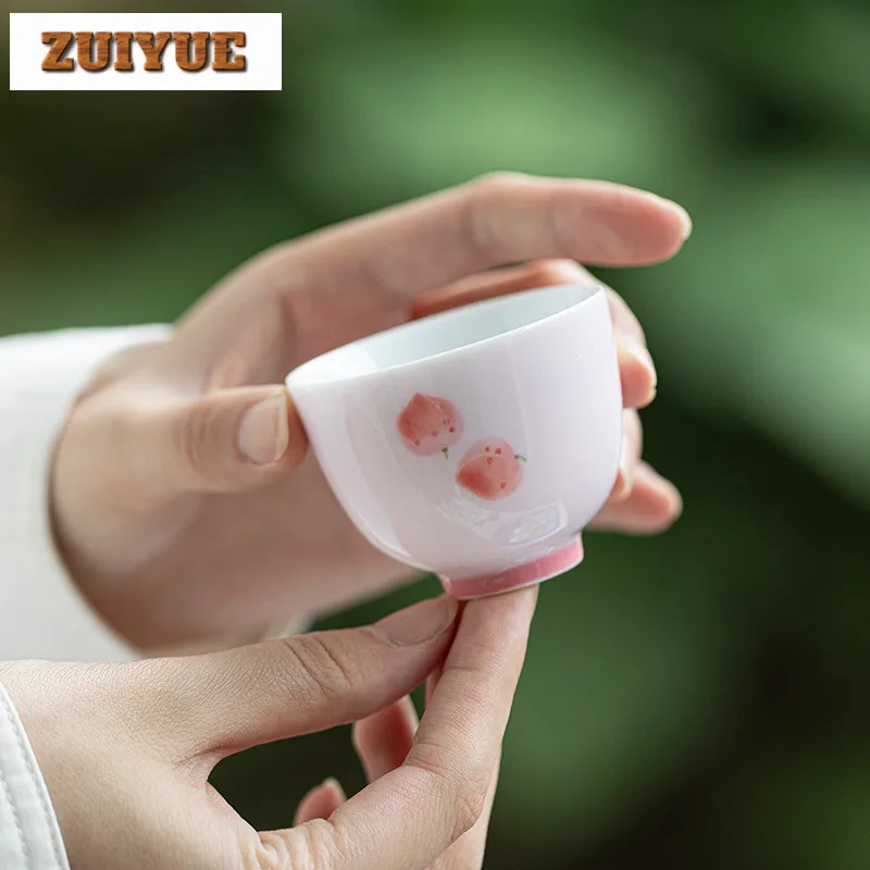 2pc/set Pure Hand-painted Pink Peach Tea Cup Apricot Powder Gazle Thin Tire Msater Cup Handmade Small Host Cup Mug Teaware 65ml