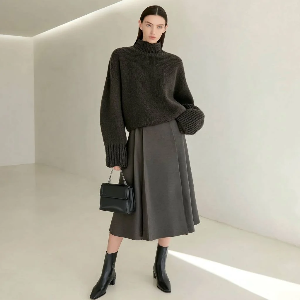 Casualowa spódnica o średniej długości, o kroju litery A, jesienno-zimowa, z regularnym stanem, odzież damska, elegancki, prosty design do noszenia na co dzień.