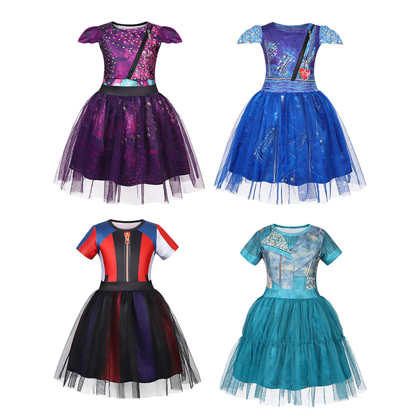 

Mal Carlos Evie Jay Kids Cosplay Costume Girl Short Sleeved Mesh Skirt Flying Sleeves Pirate Princess Dress Halloween Dress