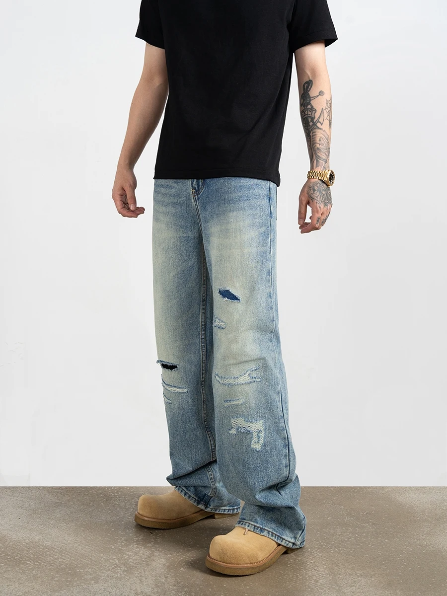 High Street Hole & Patch Straight Jeans Summer Distressed Men's and Women's Loose Trousers