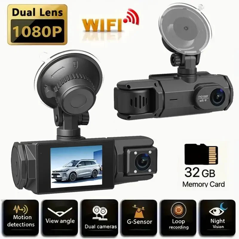 

Автомобильный видеорегистратор с Wi-Fi, 3 канала, 1080P, с картой 32 ГБ, IPS-экраном 2,0 дюйма, 170 ° Широкоугольный, WDR, ночное видение, режим парковки 24 часа