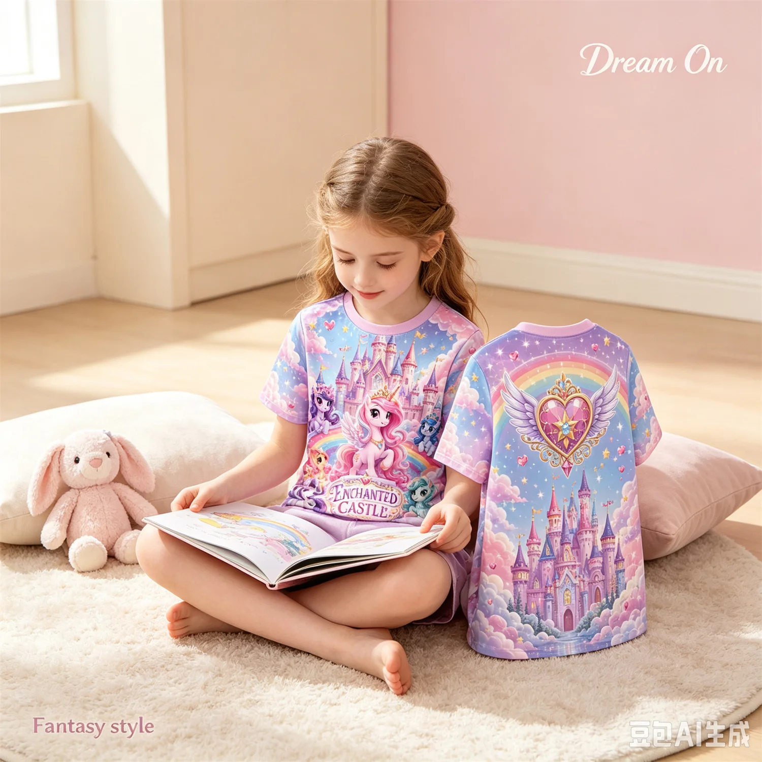Pony Princess Castle Kinder T-Shirt Mädchen Kurzarm Cartoon Grafik T-Shirt Regenbogen Fantasie Sommer Casual Top Kindergeschenk