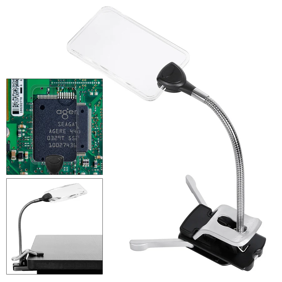 Lâmpada Led Clipe de Mesa para Leitura Lupa Mangueira de Metal Flexível Multi-purpose 5x e 15x Magnifiers Bateria Não Incluída
