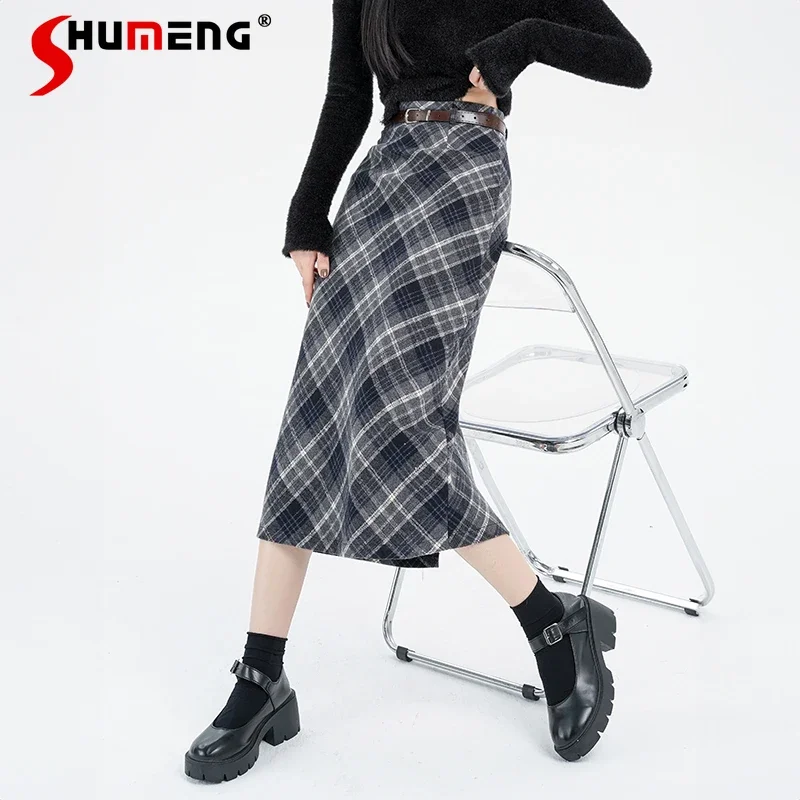 Retro Woolen Hip-Wrapped Mid-Length Skirt Ladies Autumn and Winter 2023 New Warm Women's Coffee Color Plaid Split A- Line Skirts