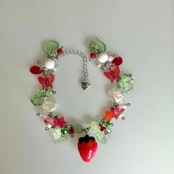 Strawberries pearl charm bracelet y2k Gift Handmade
