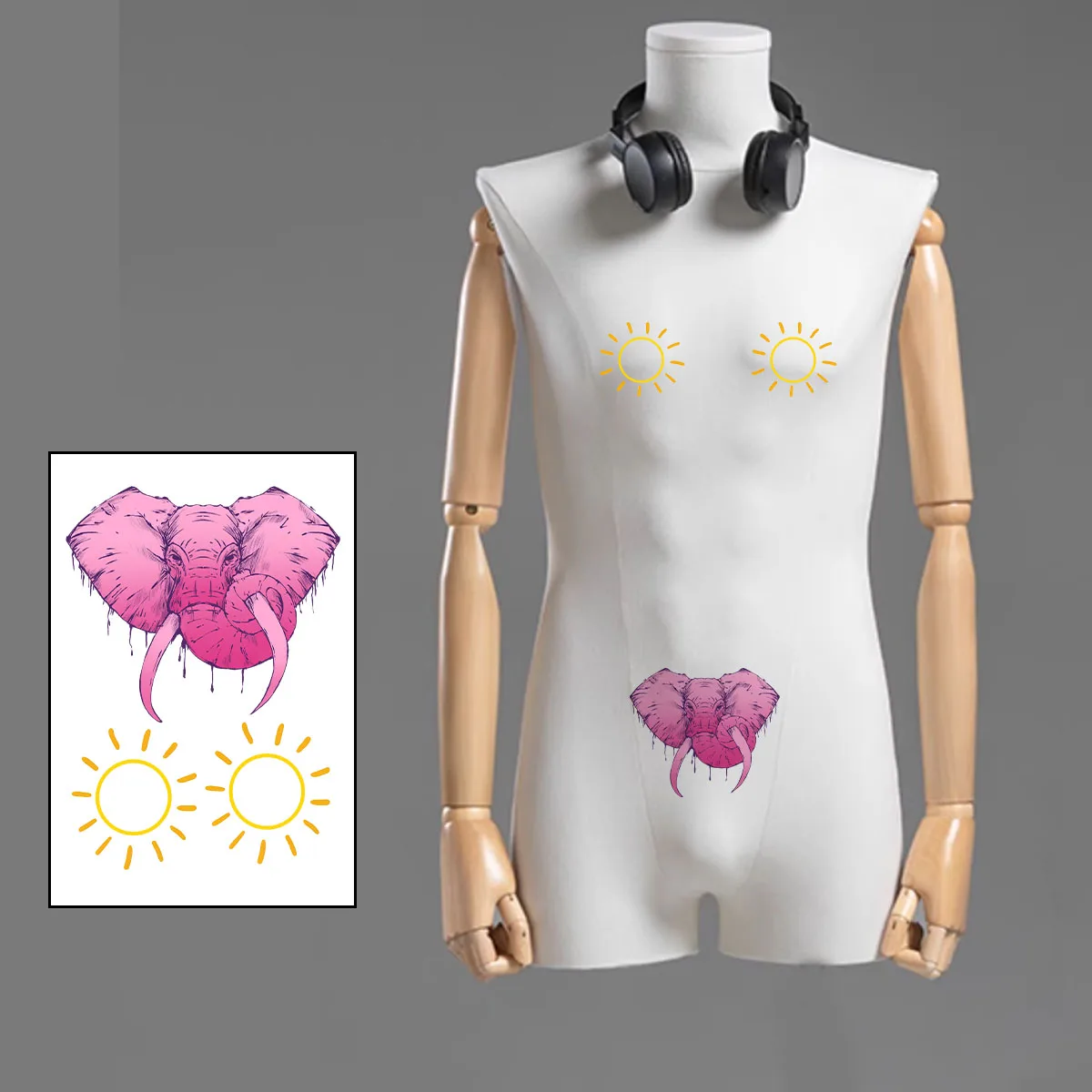 Male Pink Elephant Pattern Abdominal and Chest Temporary Stickers Waterproof and Sweatproof Colored Breast Stickers Tattoo Trend