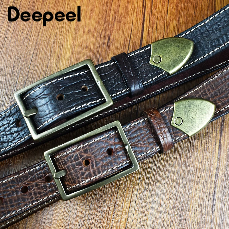 105-125cm Men's Leather Belt First Layer Cowhide Belts Pure Copper Pin Buckle Decorative Strap Embossed Vintage Mens Waistband